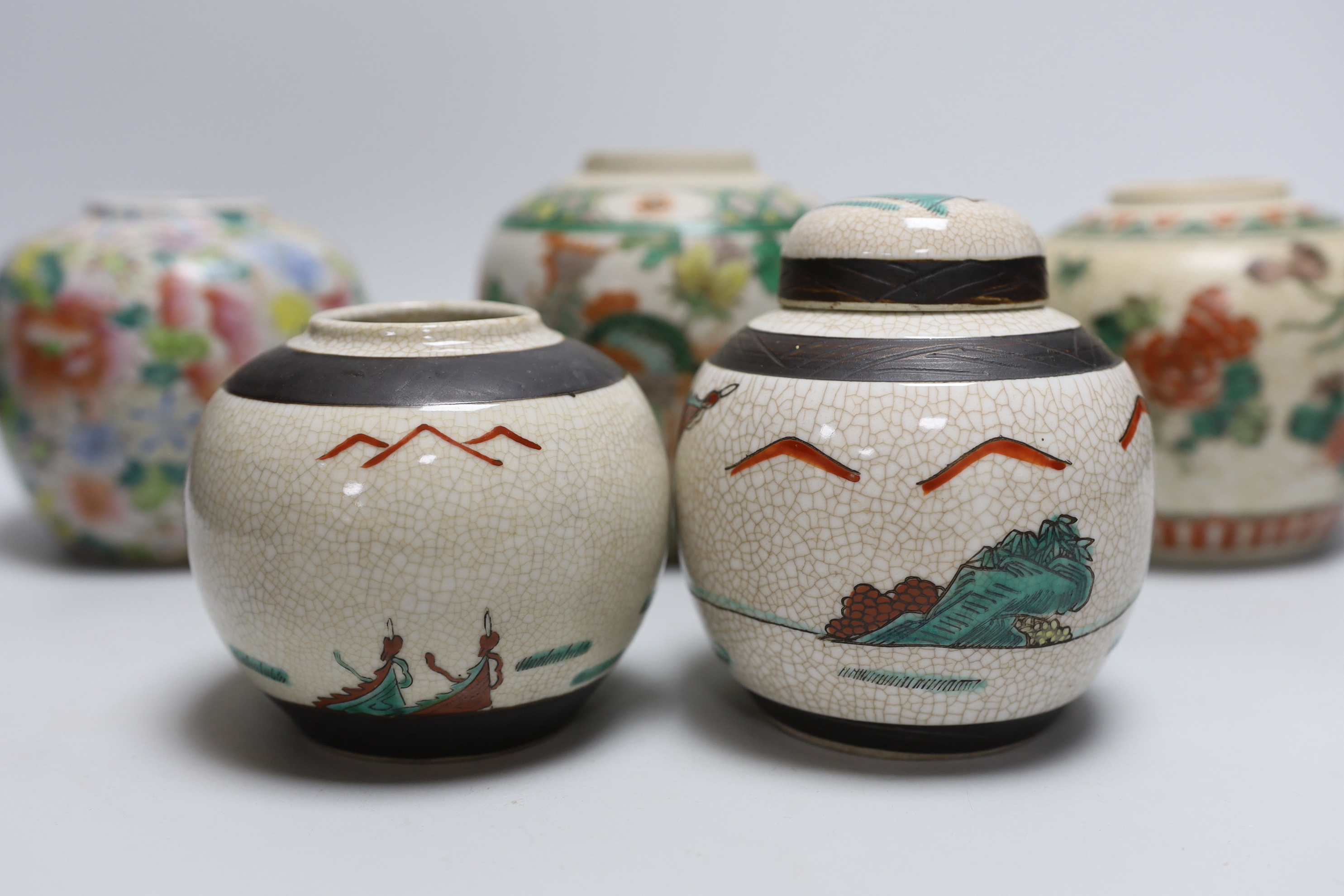 Five Chinese enamelled porcelain ginger jars, one with a cover, tallest 12cm high